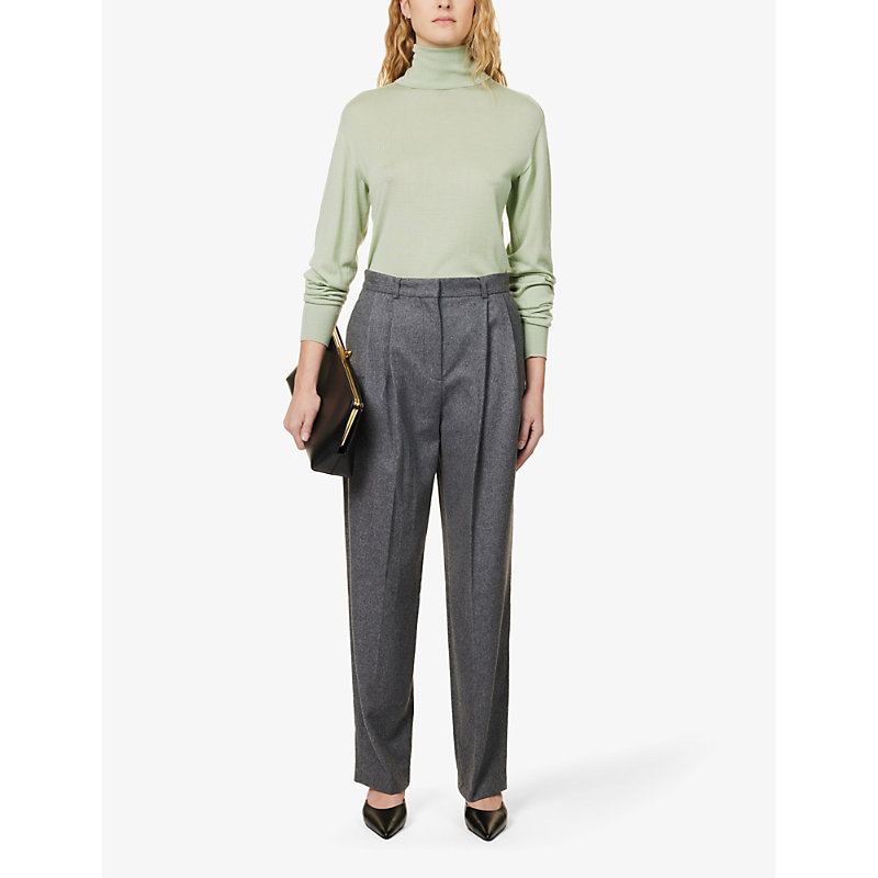 Shop Totême Structured-waist Tapered High-rise Recycled Wool-blend Trousers In Grey