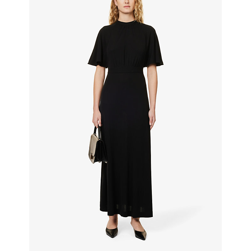 Shop Totême Toteme Womens Black 001 Gathered-neck Flared-hem Woven Maxi Dress
