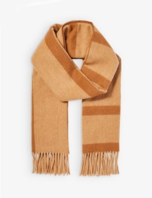 Totême Toteme Womens Camel Monogram 957 Monogrammed Fringed-trim Wool Scarf