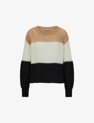 Hugo Boss Boss Womens Open Miscellaneous Striped Round-neck Wool-blend Jumper In Multi-coloured