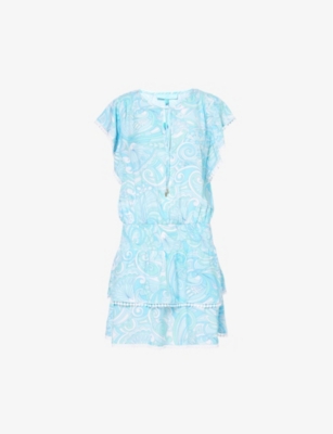Melissa Odabash Keri Ruffle Tiered Print Coverup Dress In Mirage Blue