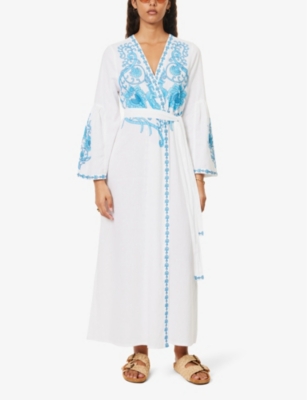 Shop Melissa Odabash Women's White/blue Romilly Floral-embroidered Cotton And Linen-blend Cover Up