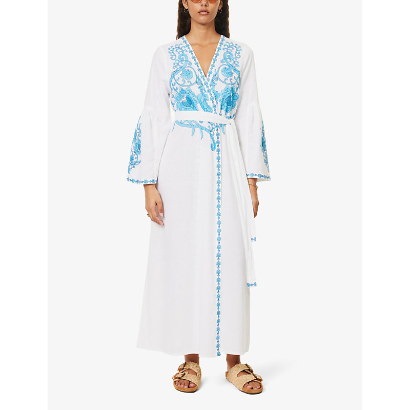 Shop Melissa Odabash Womens White/blue Romilly Floral-embroidered Cotton And Linen-blend Cover Up