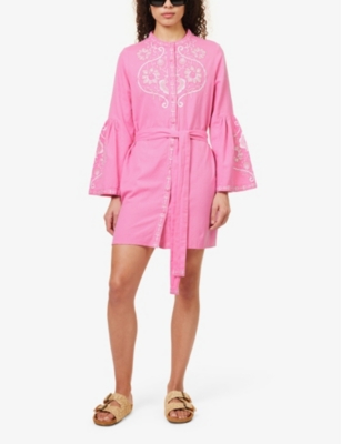 Shop Melissa Odabash Womens Pink/white Everly Embroidered-front Cotton And Linen-blend Mini Dress