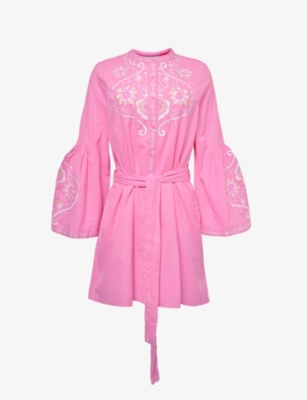 Shop Melissa Odabash Womens Pink/white Everly Embroidered-front Cotton And Linen-blend Mini Dress