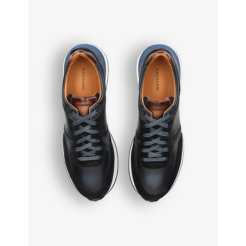 Shop Magnanni Men's Navy Xl Grafton Leather And Suede Low-top Trainers