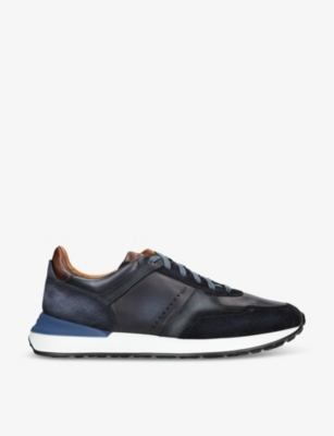Magnanni Mens Navy Xl Grafton Leather And Suede Low-top Trainers