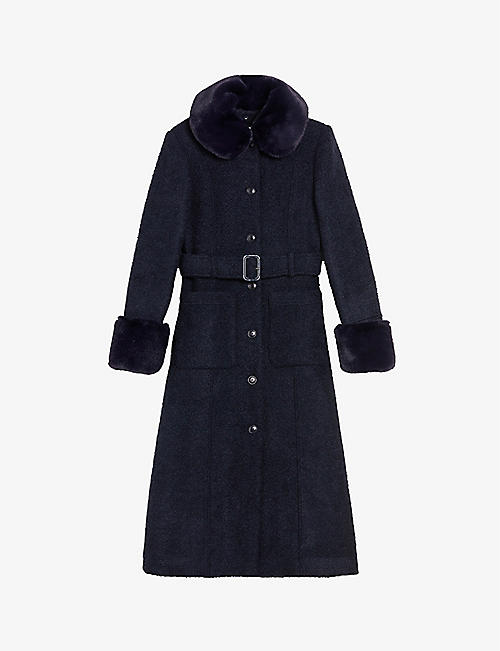 TED BAKER: Lyddiia faux fur-collar woven coat