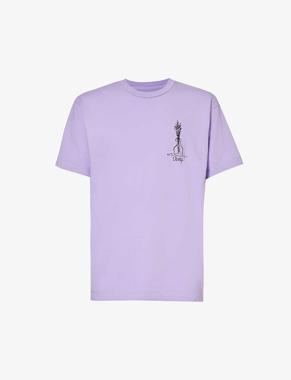 Obey Mens Digital Lavender Flower Sketch Graphic-print Organic Cotton-jersey T-shirt