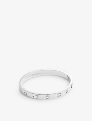 Coach Womens Rhodium Pegged C Monogram Hinged Cubic Zirconia And Brass Bangle In Rhodium