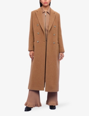 Whistles Womens Tan Point-collar Double-breasted Textured-wool Coat In Tan