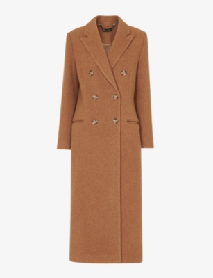 Whistles Womens Tan Point-collar Double-breasted Textured-wool Coat