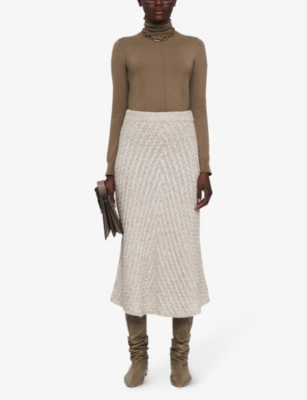 Shop Joseph High-rise Flared-hem Cable-knit Midi Skirt In Khaki