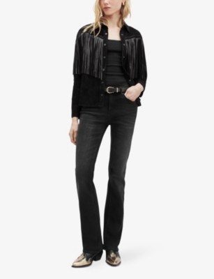 Shop Allsaints Women's Black Cleo Tassel-fringe Regular-fit Suede Jacket
