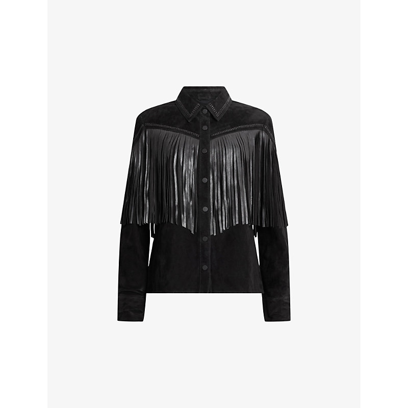 Shop Allsaints Women's Black Cleo Tassel-fringe Regular-fit Suede Jacket