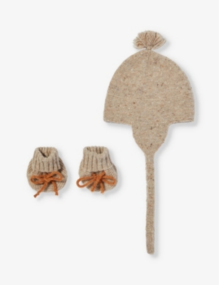 ORGANIC ZOO: Oatmeal knitted three piece wool gift set 0-12 months