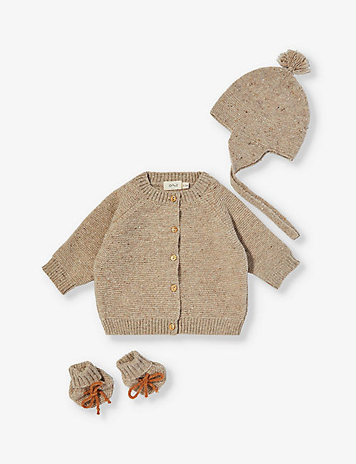 ORGANIC ZOO: Oatmeal knitted three piece wool gift set 0-12 months