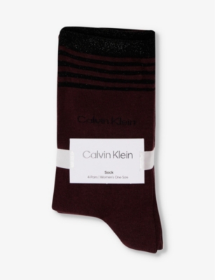 Calvin Klein Womens Burgundy Branded Crew-length Pack Of Four Cotton-blend Socks