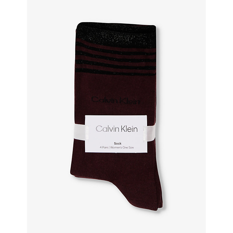 Calvin Klein Womens Burgundy Branded Crew-length Pack Of Four Cotton-blend Socks