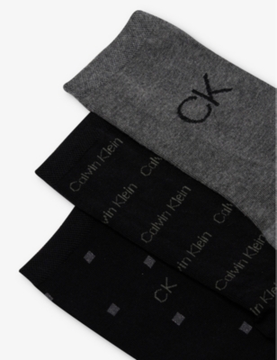 Shop Calvin Klein Womens Black Combo Branded Crew-length Pack Of Three Cotton-blend Socks