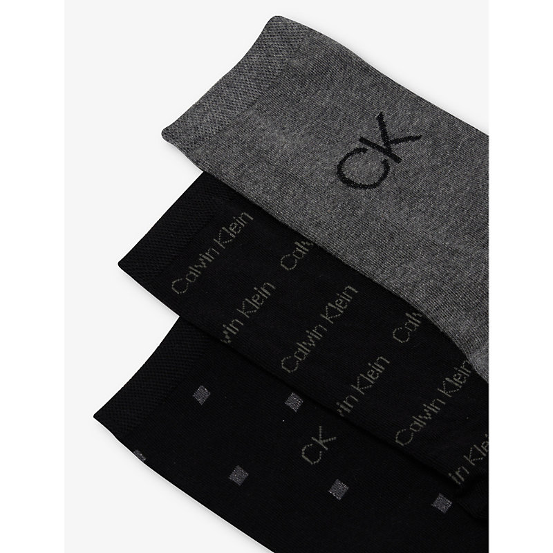 Shop Calvin Klein Womens Black Combo Branded Crew-length Pack Of Three Cotton-blend Socks