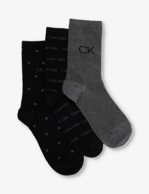 Calvin Klein Womens Black Combo Branded Crew-length Pack Of Three Cotton-blend Socks