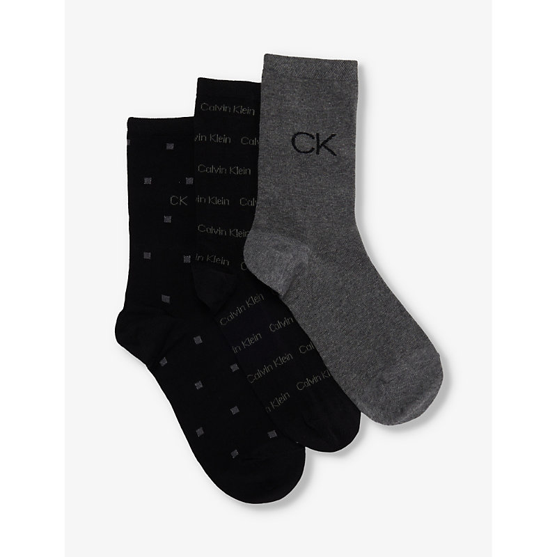 Calvin Klein Womens Black Combo Branded Crew-length Pack Of Three Cotton-blend Socks