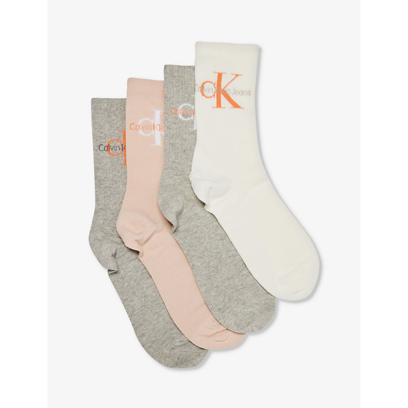 Calvin Klein Branded Crew-length Pack Of Four Cotton-blend Socks In Grey Combo
