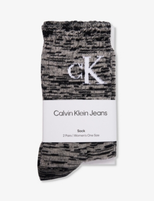 Calvin Klein Womens Black Combo Branded Crew-length Pack Of Two Cotton-blend Socks