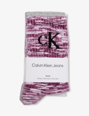 Calvin Klein Womens Purple Combo Branded Crew-length Pack Of Two Cotton-blend Socks