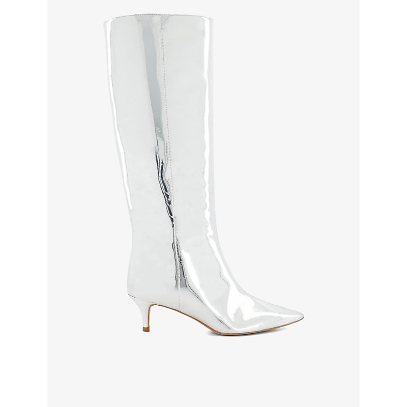 Dune Womens Silver-synthetic Smooth Kitten-heel Metallic Leather Knee-high Boots
