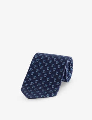 Ferragamo Mens Navy Graphic-pattern Wide-blade Silk Tie
