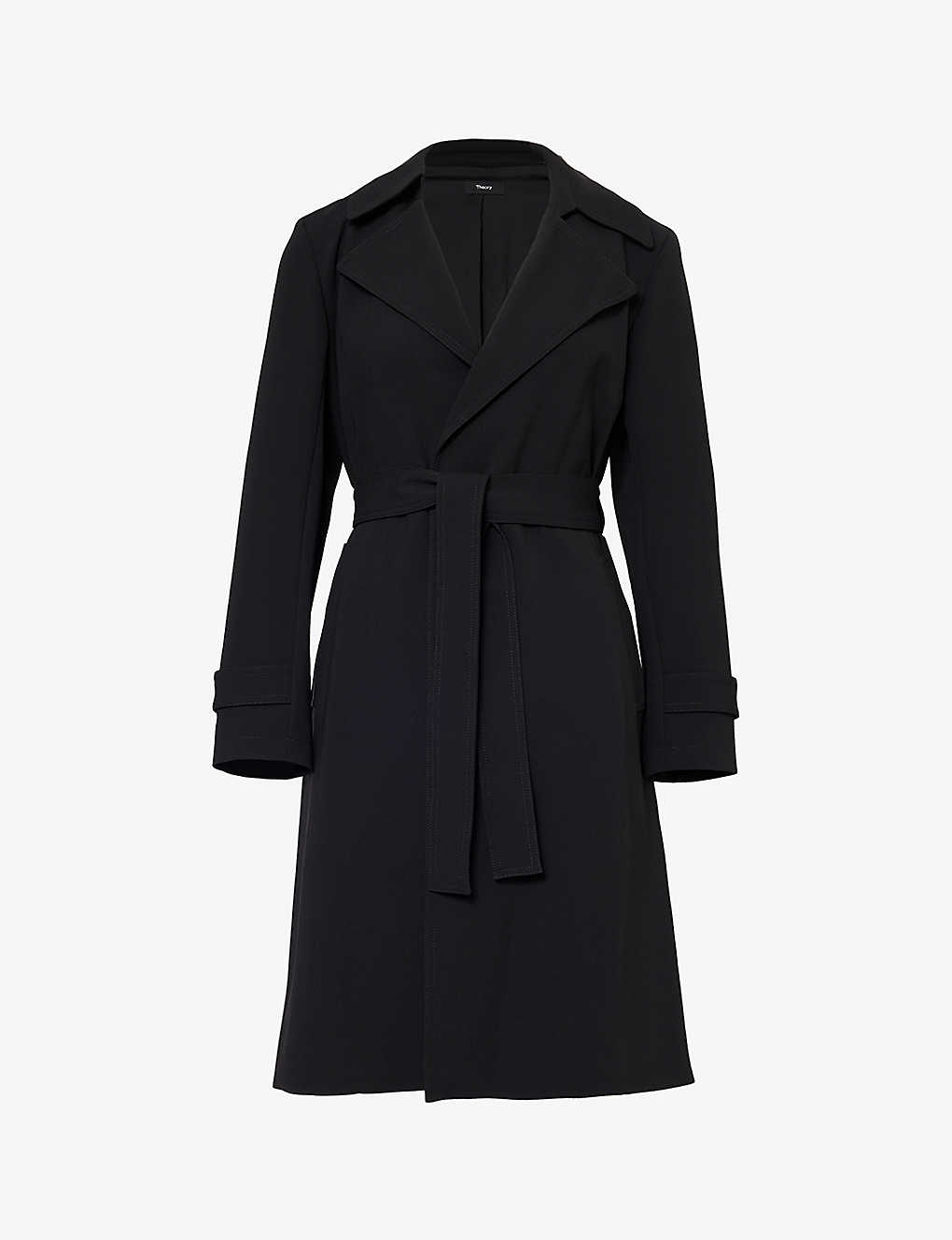 Shop Theory Oaklane Belted Regular-fit Crepe Coat In Black