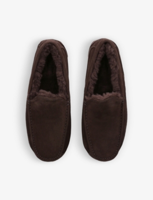 Shop Ugg Men's Brown/oth Ascot Logo-embroidered Suede And Shearling Slippers