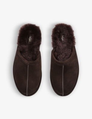 Shop Ugg Men's Brown/oth Scuff Logo-embroidered Suede And Shearling Slippers