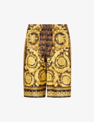 Versace Barocco-print Silk Shorts In Caramel+black