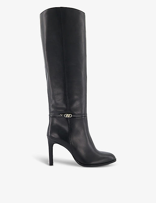 DUNE: Symbolic brand-embellished leather heeled knee-high boots