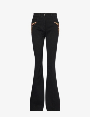 ETRO ETRO WOMENS BLACK FLORAL-EMBROIDERED FIVE-POCKET MID-RISE FLARED-LEG STRETCH-DENIM TROUSERS