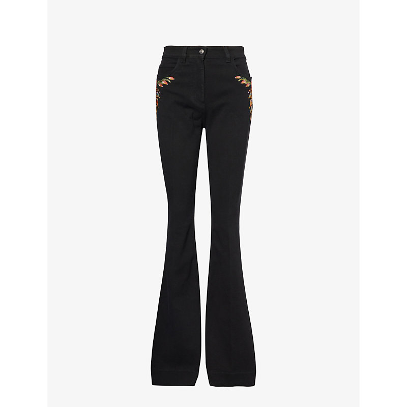 ETRO ETRO WOMENS BLACK FLORAL-EMBROIDERED FIVE-POCKET MID-RISE FLARED-LEG STRETCH-DENIM TROUSERS