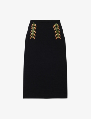 ETRO ETRO WOMENS BLACK FLORAL-EMBROIDERED WOOL-BLEND MIDI SKIRT