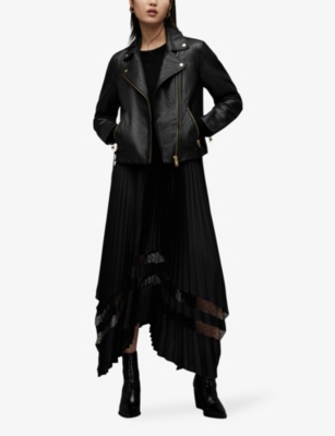Shop Allsaints Womens Black/gold Dalby Stud-embellished Slim-fit Leather Biker Jacket