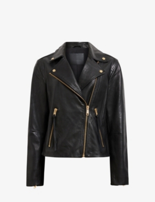 Shop Allsaints Womens Black/gold Dalby Stud-embellished Slim-fit Leather Biker Jacket