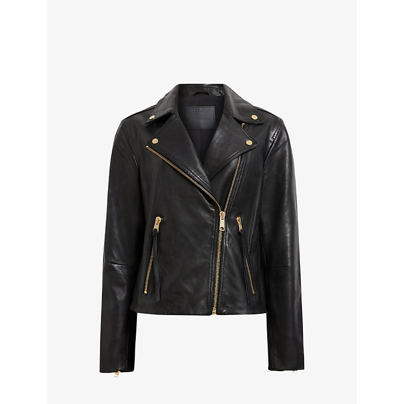Shop Allsaints Women's Black/gold Dalby Stud-embellished Slim-fit Leather Biker Jacket