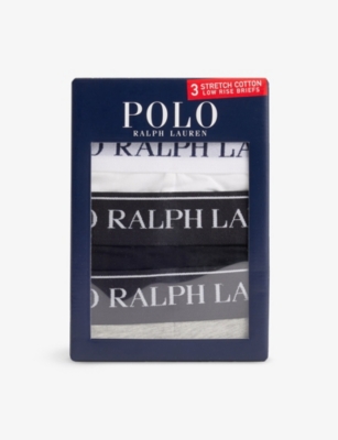 Polo Ralph Lauren Mens  Branded-waist Stretch-cotton Briefs Pack Of Three In Wht/pol Blk/andvr Htr