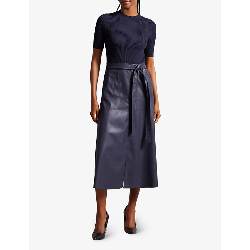 Shop Ted Baker Women's Dk-blue Matiar Short-sleeve Knitted And Faux-leather Midi Dress