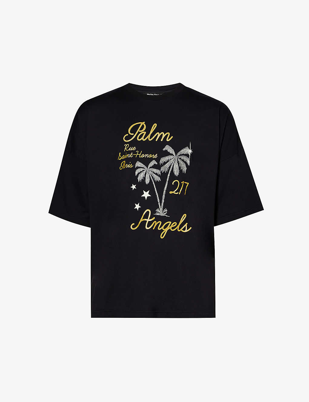 Palm Angels Mens Black Gold Palm Over Paris Graphic-print Cotton-jersey T-shirt