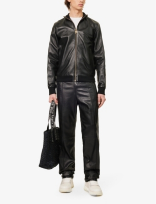 Shop Palm Angels Men's Black Black High-neck Ribbed-trim Leather Jacket