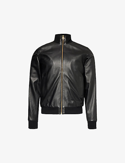 PALM ANGELS: High-neck ribbed-trim leather jacket