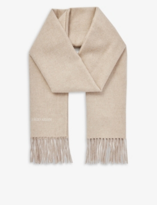 GIORGIO ARMANI: Brand-embroidered fringed-trim cashmere scarf