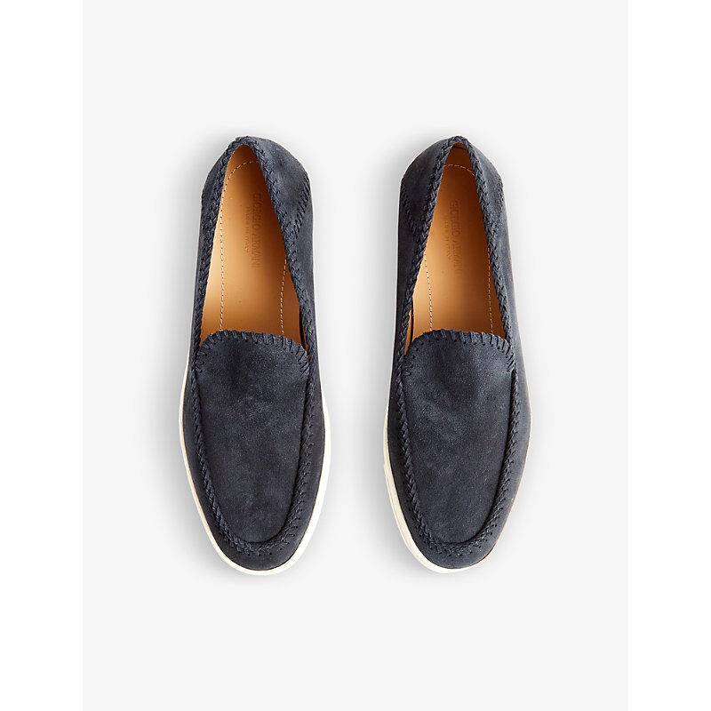 Shop Giorgio Armani Men's Blue Logo-embossed Contrast-sole Suede Loafers